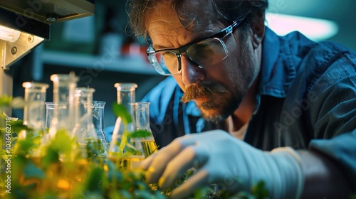 A researcher developing bio-pesticides using biotechnology to naturally protect crops from pests, with test tubes and genetically engineered organisms in the lab.