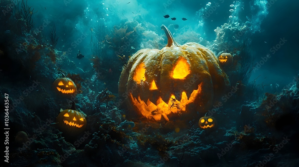 Haunting Undersea Realm of Coral Pumpkins and Mystical Sea Creatures Haunting Undersea Realm of Coral Pumpkins and Mystical Sea Creatures
