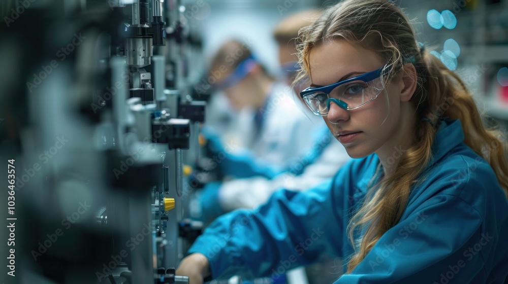 A team of engineers working with battery storage technology, developing solutions for energy storage from renewable sources in a clean energy research lab.