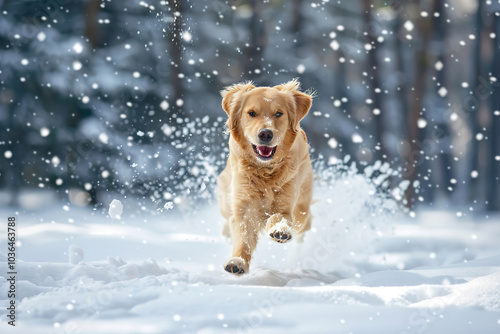 Dog playing in deep snow, leaping with excitement, snow flying around, forest backdrop