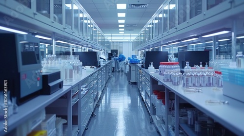 A wide shot of a biotechnology lab where scientists are developing personalized medicines, using genetic engineering to tailor treatments based on patient-specific data.