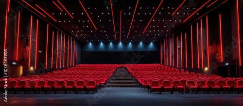 Empty red seats in a movie theater auditorium with red lighting.