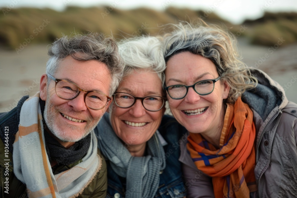 Portrait of a happy senior couple on the beach at autumn day