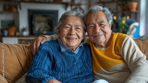 A loving couple sits together on a couch. AI.