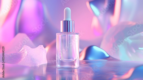 Glass Dropper Bottle on a Holographic Background