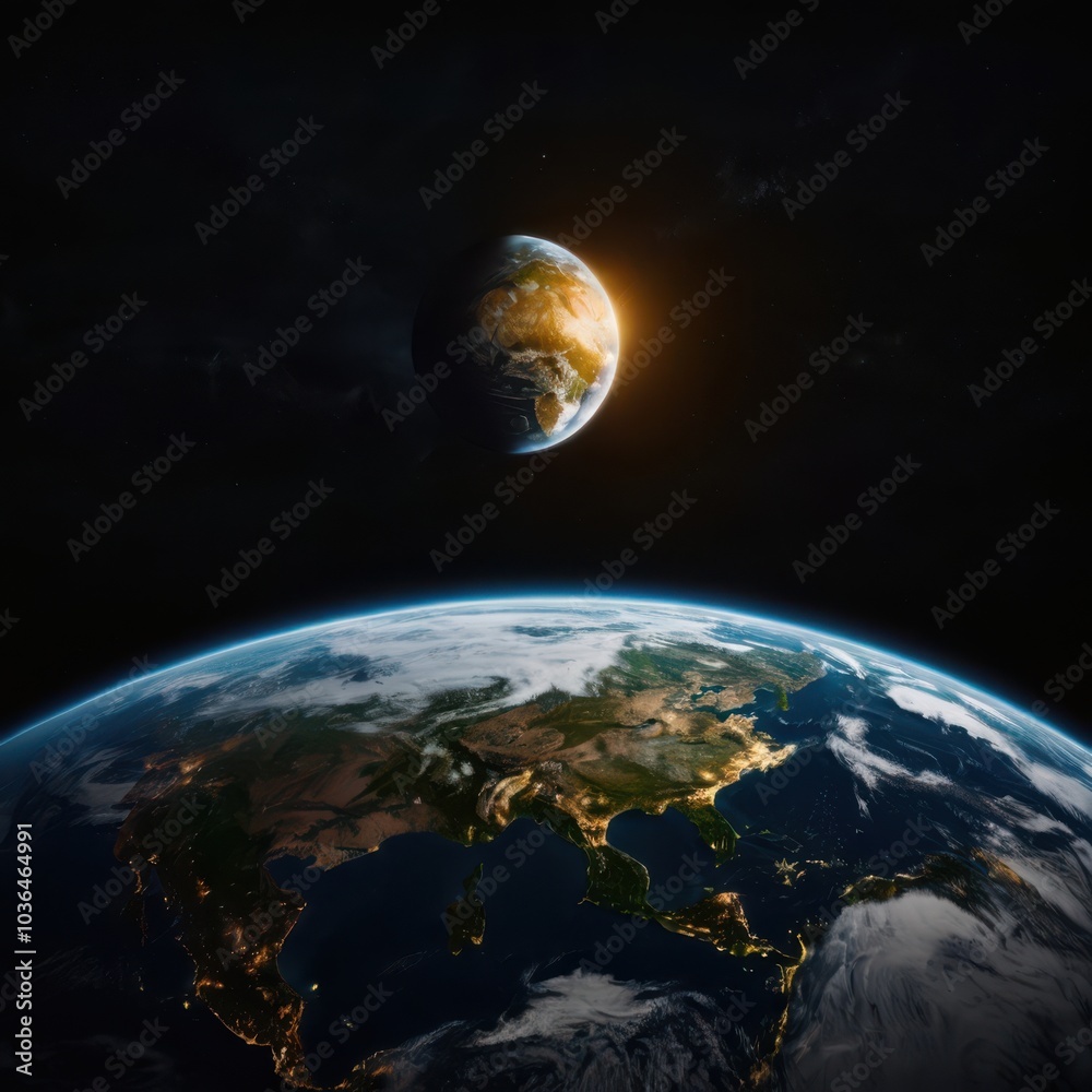 Obraz premium Earth, Civilization, Light, Glow, Radiation, Planet, Space, Universe, Continents, Land, Water, Seas, Cities