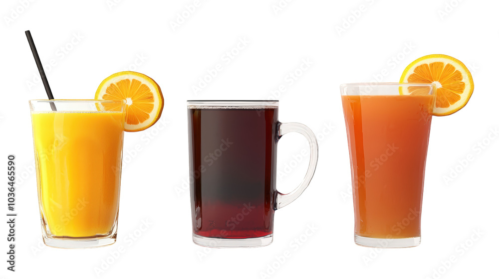 A refreshing breakfast assortment featuring orange juice, coffee, and iced tea with citrus garnishes for a vibrant morning start A refreshing breakfast assortment featuring orange juice, coffee, and iced tea with citrus garnishes for a vibrant morning start