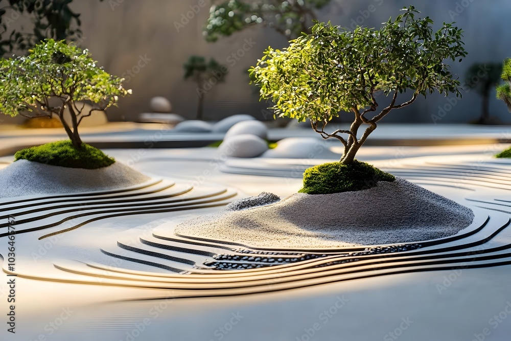 Serene Futuristic Zen Garden with Holographic Sand Patterns and Levitating Bonsai Trees Serene Futuristic Zen Garden with Holographic Sand Patterns and Levitating Bonsai Trees