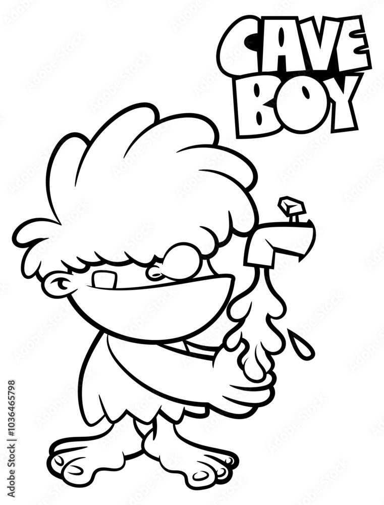 Little Caveman cartoon characters washing hands with running water. Best for outline, logo, and coloring book with healthy lifestyle themes for kid Little Caveman cartoon characters washing hands with running water. Best for outline, logo, and coloring book with healthy lifestyle themes for kid