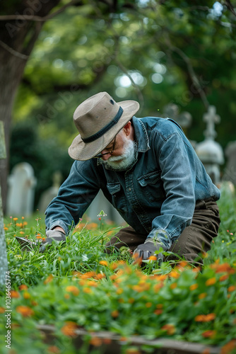 Cemetery groundskeeper trimming grass around headstones, maintaining neat rows, wearing protective gloves and hat