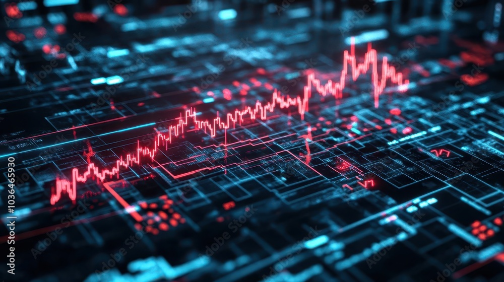 A dramatic financial crash chart with bold red downtrend and highlighted sell points, dark mode,high contrast,neon red,intense A dramatic financial crash chart with bold red downtrend and highlighted sell points, dark mode,high contrast,neon red,intense