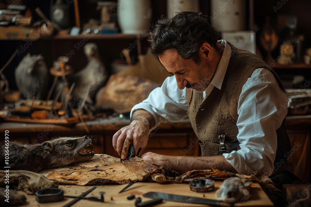 Taxidermist carefully sewing a bird’s feathers, precision tools arranged on the table, focused expression Taxidermist carefully sewing a bird’s feathers, precision tools arranged on the table, focused expression