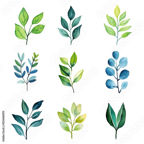 Watercolor Green and Blue Leaves Illustration Set for Floral Designs.