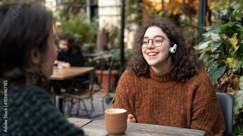 Young woman with hearing aid in lively conversation at trendy cafe, normal social interaction photo