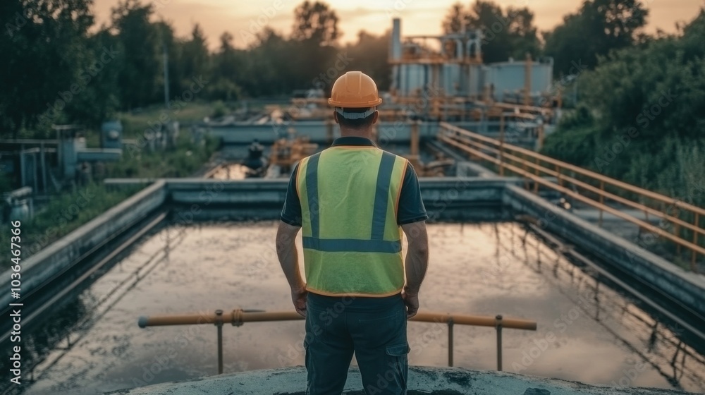 Engineer in reflective vest and hard hat examining vast water treatment plant Engineer in reflective vest and hard hat examining vast water treatment plant