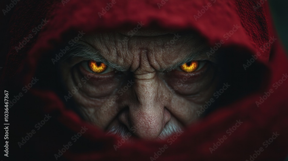 Elderly magician with yellow eyes and horns in red hood, scary fantasy character Elderly magician with yellow eyes and horns in red hood, scary fantasy character