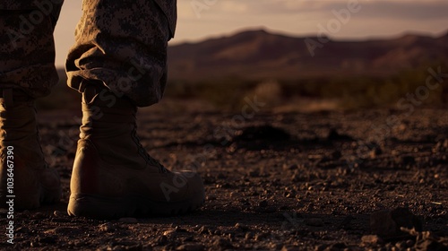 Soldier's boots in a desert landscape at sunset.