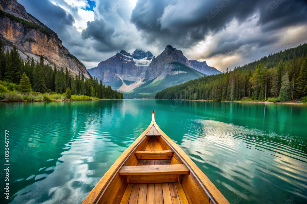 rustic wooden canoe glides across still turquoise lake, surrounded by majestic mountains and lush forests. serene atmosphere evokes sense of tranquility and adventure rustic wooden canoe glides across still turquoise lake, surrounded by majestic mountains and lush forests. serene atmosphere evokes sense of tranquility and adventure