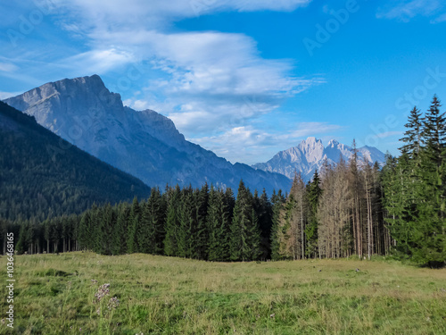 Panoramic view of majestic mountain range of Gesäuse, Ennstal Alps, Styria, Austria. Towering, jagged peaks rise up in Austrian Alps. Dense alpine forests cover the hillsides. Wanderlust in summer photo