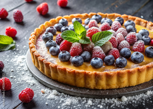 Delight in vibrant tart adorned with fresh raspberries and blueberries, topped with mint leaves and dusting of powdered sugar, creating visually appealing dessert