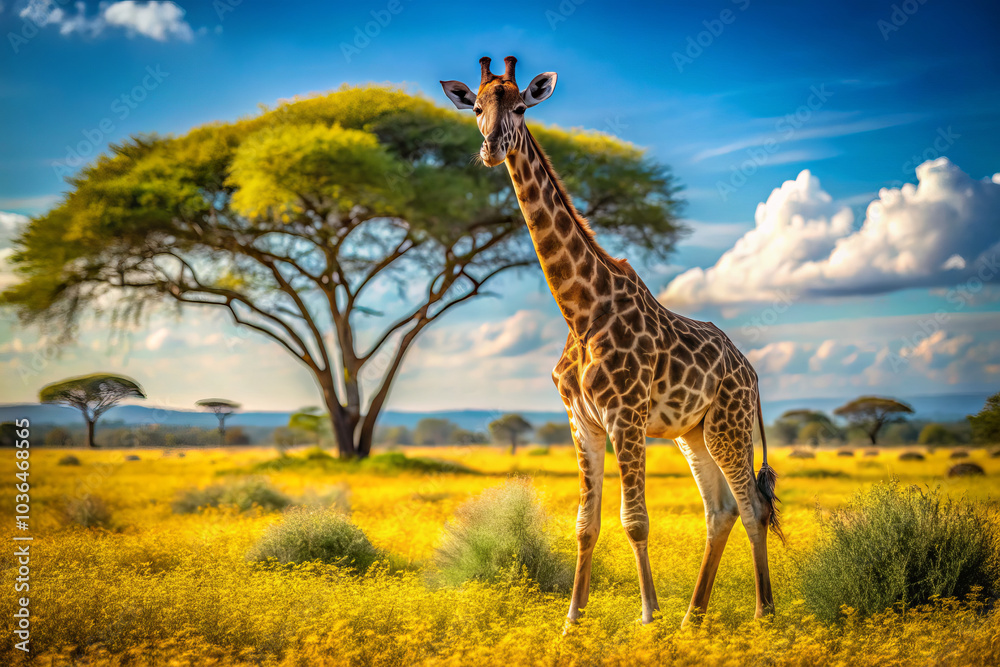 Obraz premium curious giraffe stands gracefully in sun drenched savannah, surrounded by vibrant yellow flowers and majestic tree. serene landscape evokes sense of wonder and tranquility