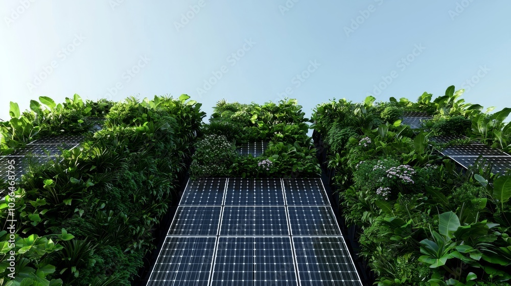 Fototapeta premium A sustainable building design with vertical gardens and solar panels beneath a clear sky. Eco-conscious architecture includes vertical gardens and solar panels for energy-efficient urban living.