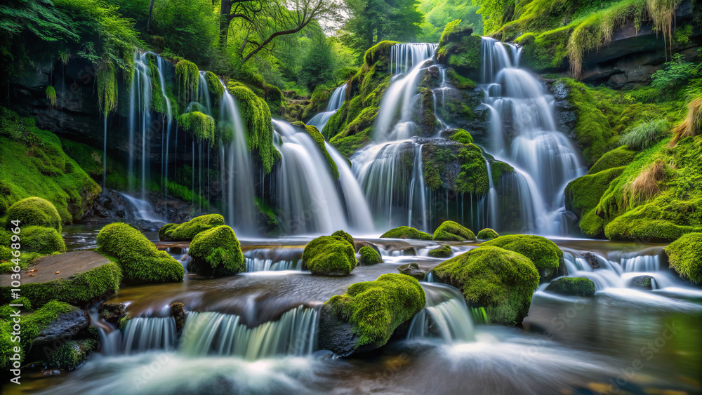serene landscape featuring silky smooth waterfalls cascading down moss covered rocky cliffs, surrounded by lush greenery and tranquil waters. scene evokes sense of peace and natural beauty serene landscape featuring silky smooth waterfalls cascading down moss covered rocky cliffs, surrounded by lush greenery and tranquil waters. scene evokes sense of peace and natural beauty