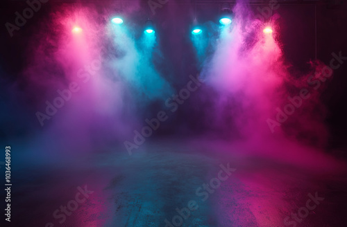 Wallpaper Mural Hyper-Realistic Dark Room with Fog, Neon Lights, Empty Stage, and Concrete Background for a Mysterious Vibe Torontodigital.ca