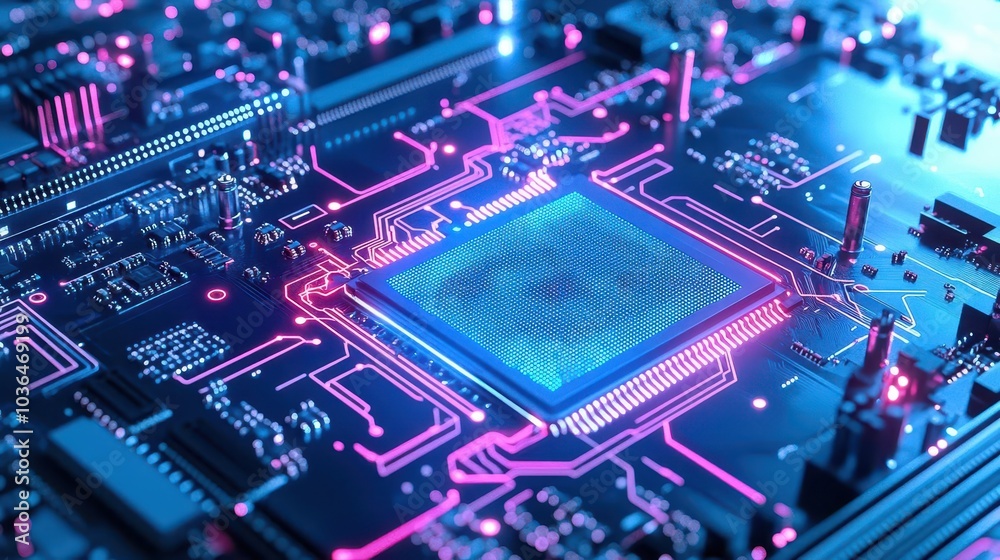Abstract futuristic motherboard with luminescent circuits, flowing electric pulses, holographic data streams, cyberpunk aesthetics, deep blue and silver tones Abstract futuristic motherboard with luminescent circuits, flowing electric pulses, holographic data streams, cyberpunk aesthetics, deep blue and silver tones