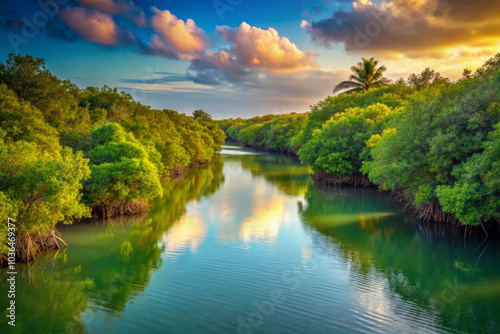 serene river meanders through lush greenery, reflecting warm sunlight and vibrant clouds above. tranquil scene evokes sense of peace and natural beauty