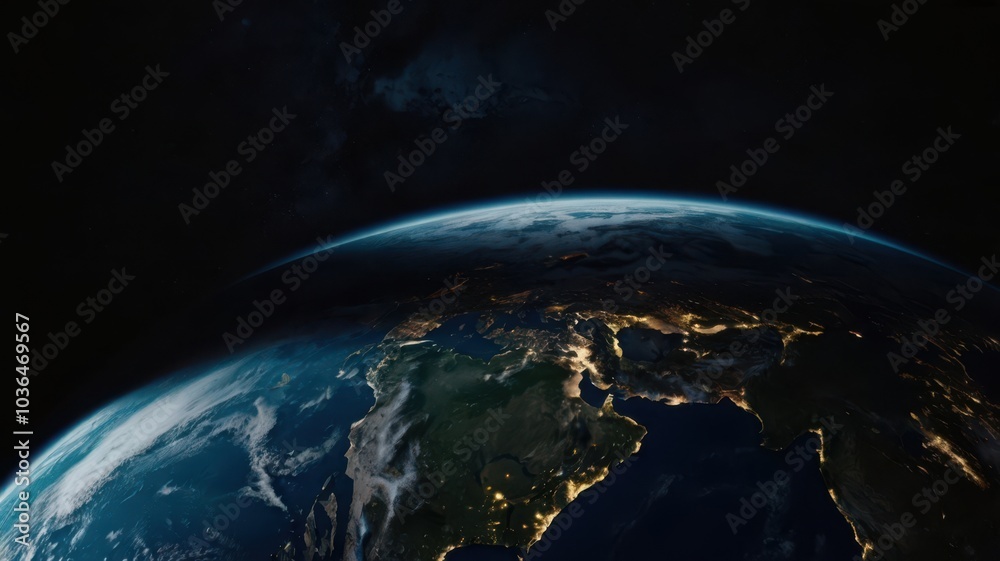 Obraz premium Earth, Civilization, Light, Glow, Radiation, Planet, Space, Universe, Continents, Land, Water, Seas, Cities