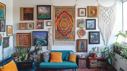 A stylish 70s gallery wall featuring an eclectic mix of art pieces photo