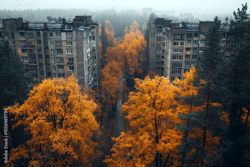 Eastern European apartment blocks. AI generative. photo