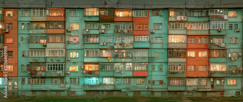 Eastern European apartment blocks. AI generative.