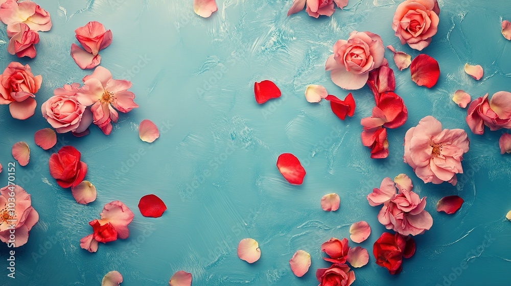 Floating Spring Flowers on blue background. suitable for Spring, Summer, Red and pink petal rose flowers on valentines day flat top view space Floating Spring Flowers on blue background. suitable for Spring, Summer, Red and pink petal rose flowers on valentines day flat top view space