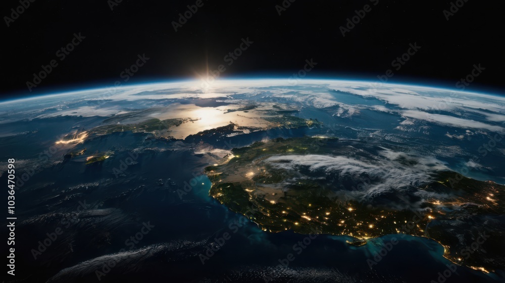 Fototapeta premium Earth, Civilization, Light, Glow, Radiation, Planet, Space, Universe, Continents, Land, Water, Seas, Cities