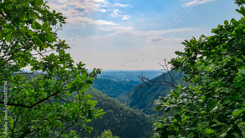 Scenic view of Schloss Herberstein in Stubenberg, Styria, Austria. Historic castle nestled amidst lush green forests. Surrounding rolling hills covered in dense foliage. Seclusion and tranquility photo