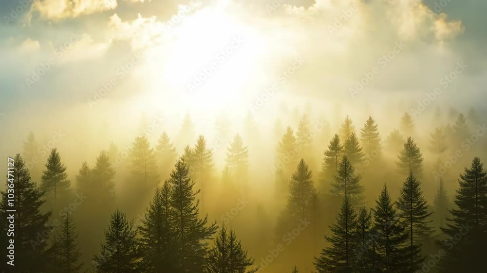 A forest with trees covered in fog and the sun shining through the clouds. The trees are tall and green, and the sky is filled with clouds. The scene has a peaceful and serene atmosphere A forest with trees covered in fog and the sun shining through the clouds. The trees are tall and green, and the sky is filled with clouds. The scene has a peaceful and serene atmosphere