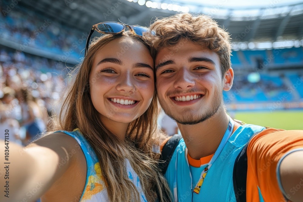 Couple of spectators taking selfie in stadium, Generative AI