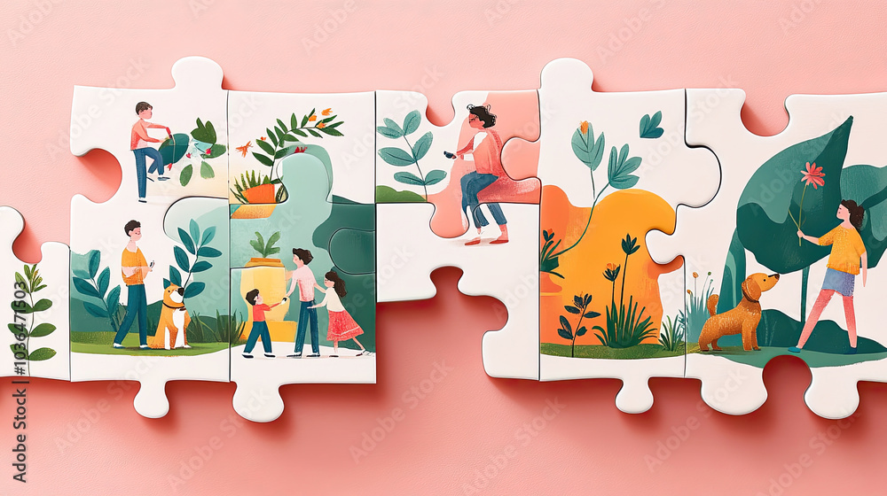 Fototapeta premium Puzzle game with family members' living conditions