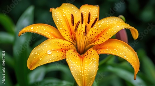 A vibrant yellow lily with water droplets on its petals, showcasing intricate details. photo