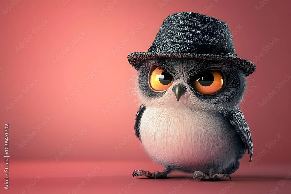 Fototapeta premium A cute cartoon owl wearing a stylish hat, exuding charm and personality.