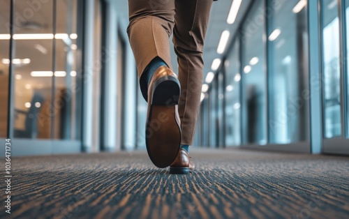 A close-up image of the feet of a businessman in a brown suit rushing through an office corridor, conveying urgency as he hurries to a meeting in a modern office building