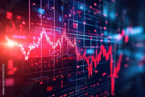 Bearish stock market trend with sharp downward lines and red highlights close up, focus on, copy space, deep crimson tones, Double exposure silhouette with economic data