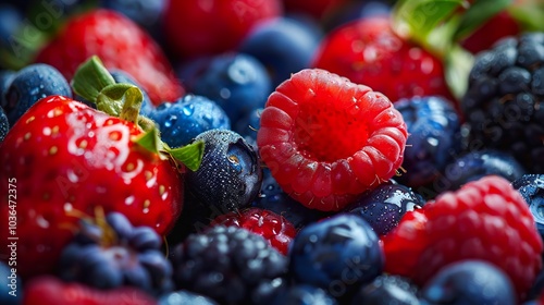 Fresh Raspberries, Blueberries, and Strawberries - A Close-Up View photo