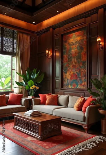 A business that sells architectural elements inspired by Malaysian tradition. Heritage Home Decor: A cozy living room featuring Malaysian traditional architectural details.