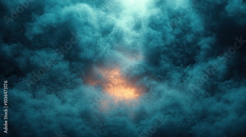 Dramatic dark clouds illuminated by glowing light during an intense storm at twilight over a vast landscape