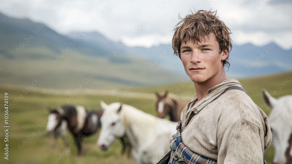 Obraz premium Australian man wearing traditional Scottish kilt cloth in the highlands