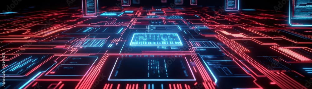 Complex cyber circuit board with glowing neon red and blue lines, holographic floating data panels, deep black background, futuristic AI technology, 3D render Complex cyber circuit board with glowing neon red and blue lines, holographic floating data panels, deep black background, futuristic AI technology, 3D render