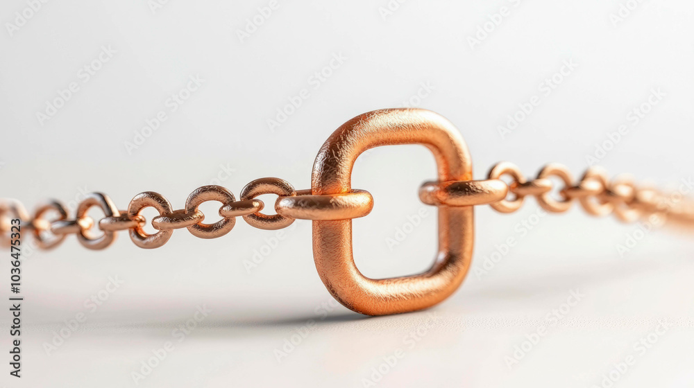 Fototapeta premium A close-up of a copper chain with intricate textured links against a soft white background. The chain symbolizes connection, strength, and security in a modern, minimalistic design.